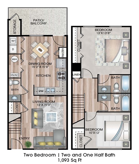 Floor plan for 2 beds, 2.5 baths, 1093 sqft